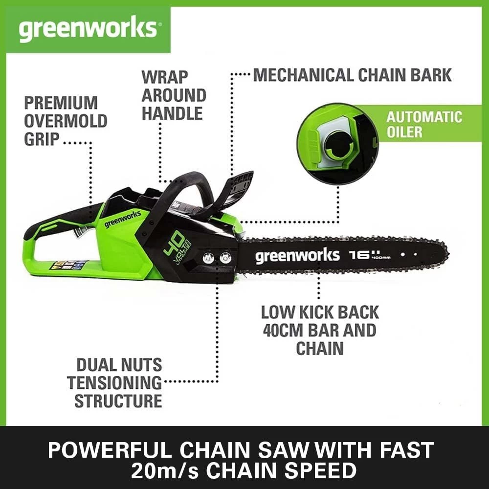 GreenWorks GD40CS18K4 40cm G-MAX 40V Cordless Chainsaw (with 4Ah Battery & 2A Charger) - Image 7