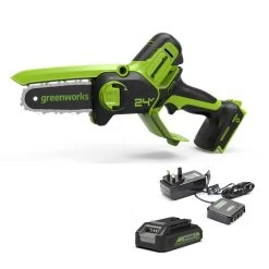 GreenWorks G24MCS10K2 24V Cordless Mini Pruning Chainsaw (with 2Ah Battery & 2A Charger)
