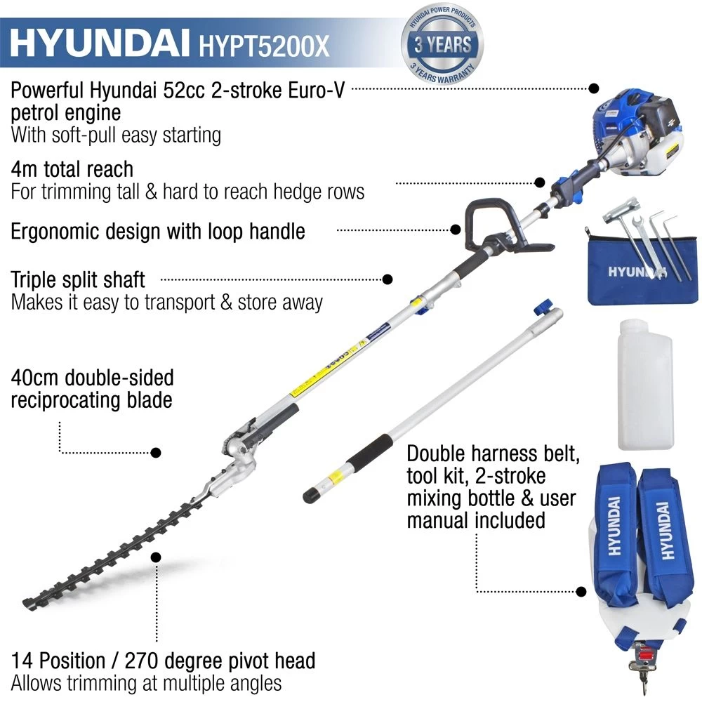 Hyundai HYPT5200X Long Reach Petrol Hedge Trimmer - Image 4